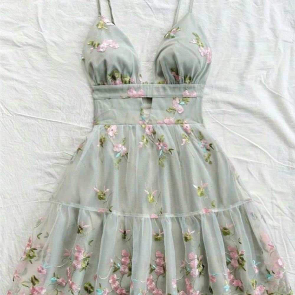 Floral Embroidered Dress in Green and Pink